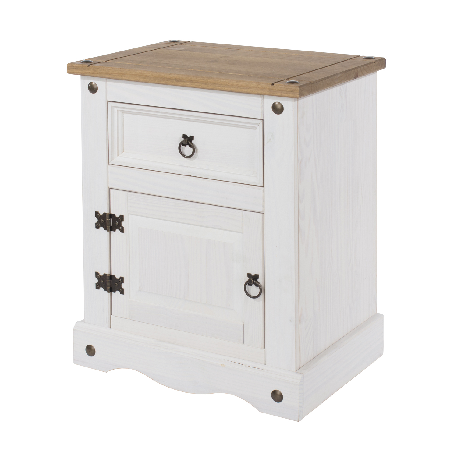 Corona White Pine 1 Door 1 Drawer Bedside Cabinet - White Washed Wax Antique Wax