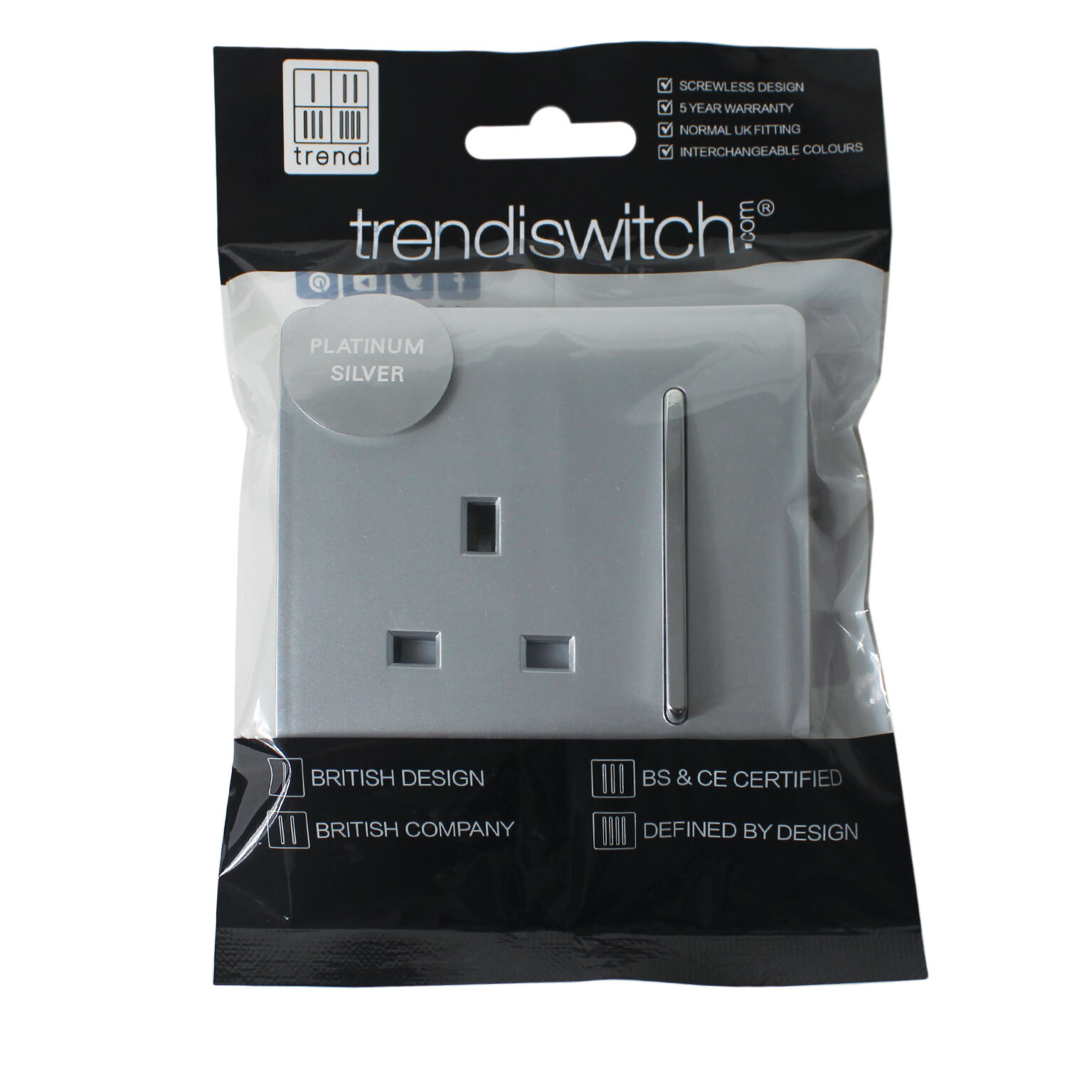 Trendi Switch 1 Gang 13 Amp Switched Plug Socket in Platinum Silver