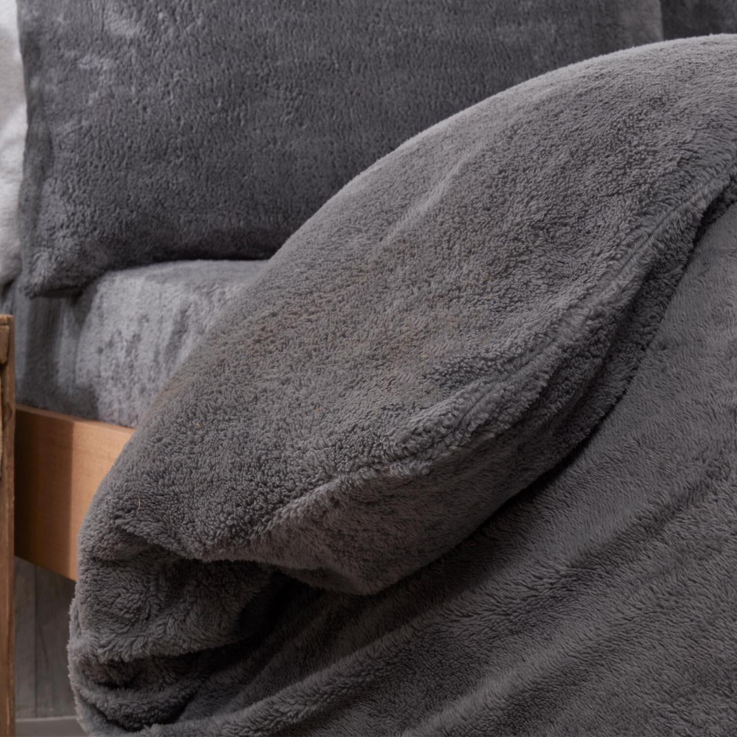 Teddy Fleece Duvet Cover Set - Grey Double