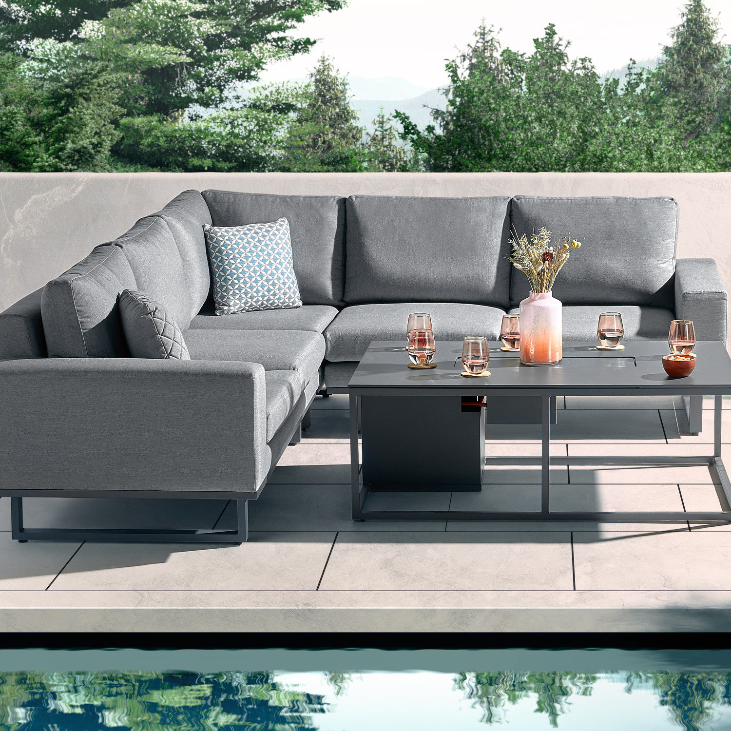 Aruba Outdoor Fabric Corner Sofa With Fire Pit Coffee Table - Grey