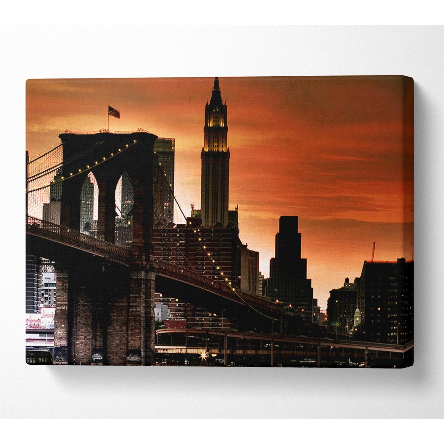 Wallart-Direct - Brooklyn Bridge Stunning Skys Canvas Print Wall Art - Yellow / 101.6cm thumbnail