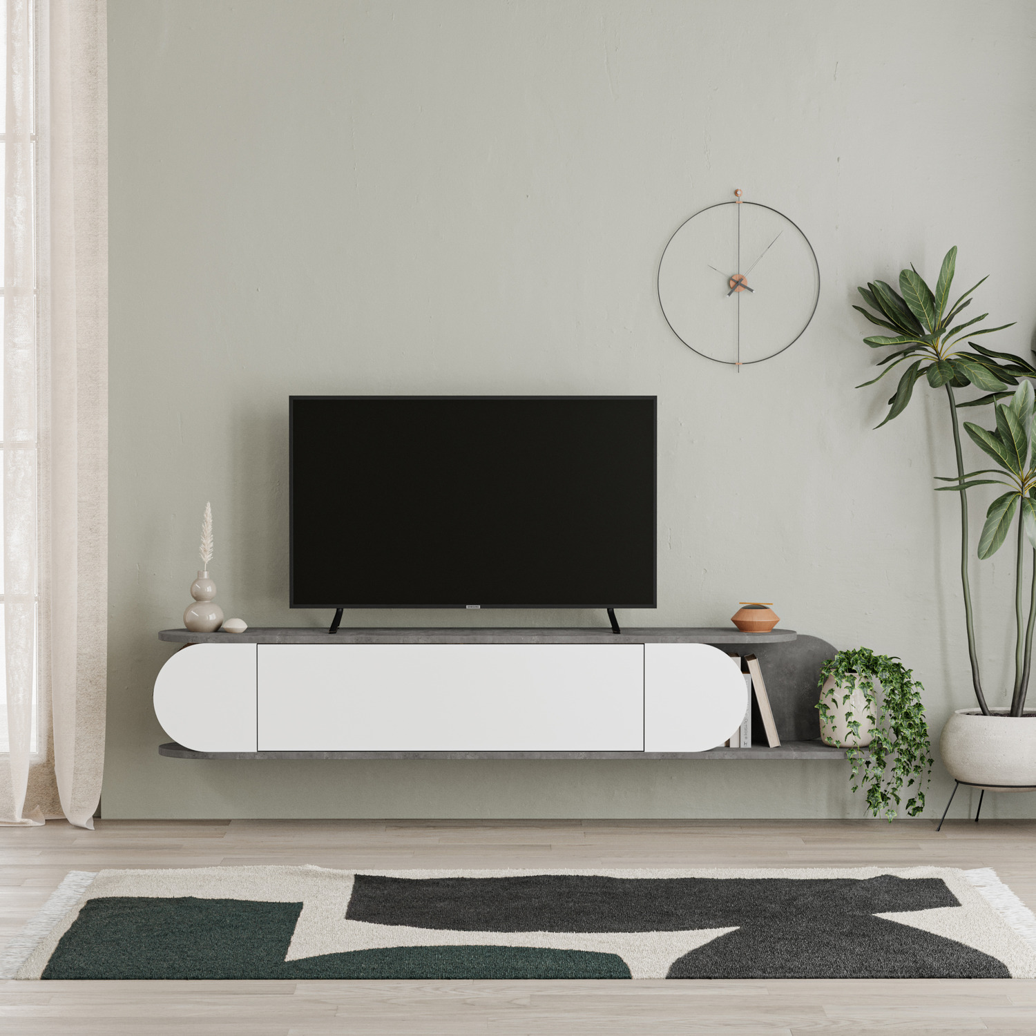 Decortie - Tone Modern TV Stand Multimedia Centre TV Unit - Retro Grey-White thumbnail