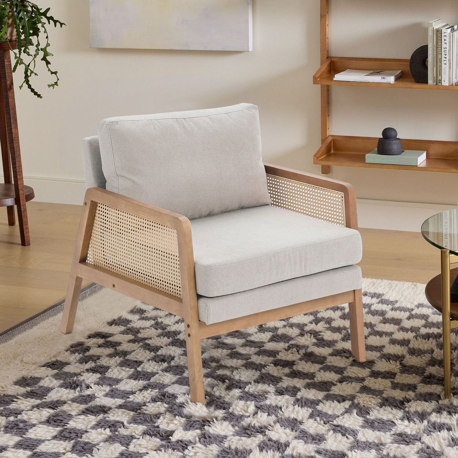 Livingandhome - Upholstered Wooden Single Sofa Chair Side Rattan Armchair With Cushion - Beige White thumbnail