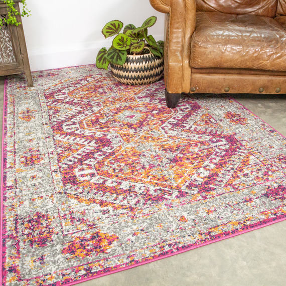Pink Grey Bordered Geometric Distressed Living Area Rug