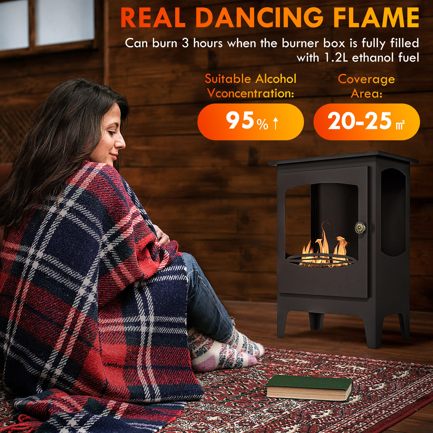 Freestanding Bioethanol Fireplace with 1.2L Tank and Flame Snuffer