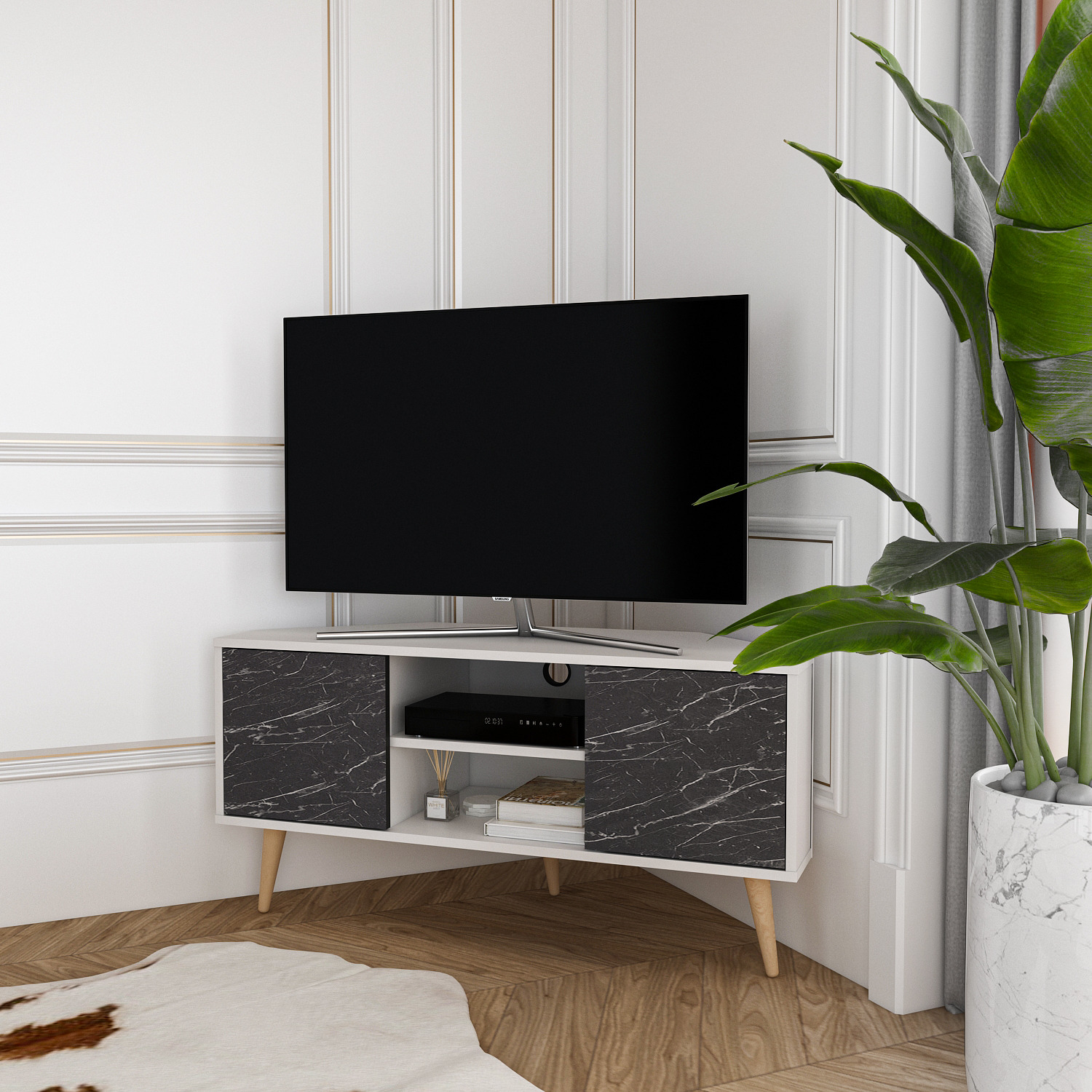 Lesson Corner Tv Unit - White And Black Marble Effect