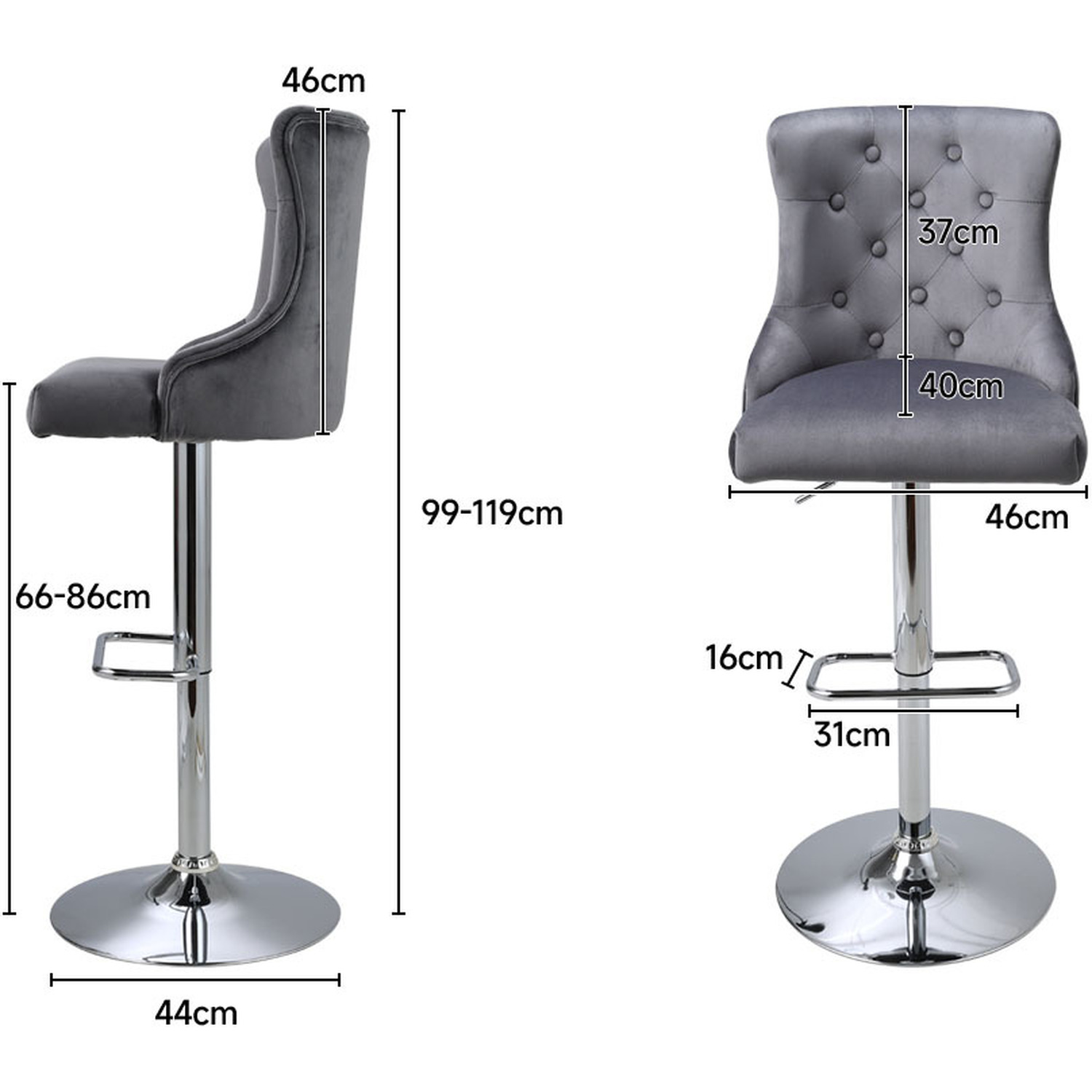 2 Pack Velvet Upholstered Adjustable Bar Stool - Grey