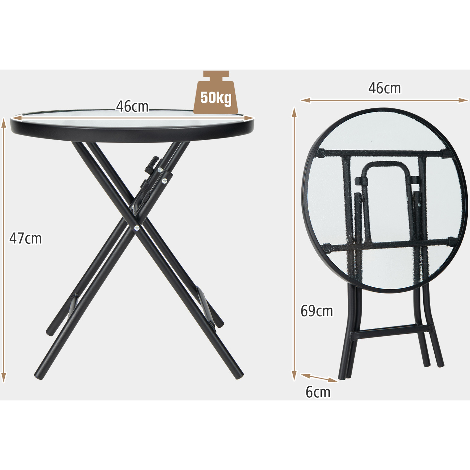 Portable Round Coffee Table Glass Side Table - Black