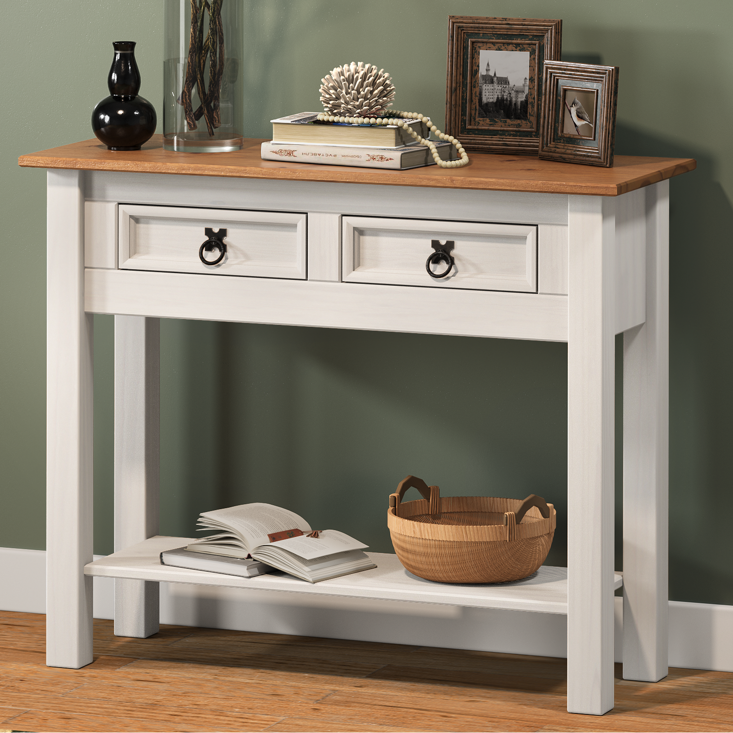 Corona 2 Drawer Console Table With Shelf Solid Wooden Pine Wood Hallway Stand - Distressed White Wax