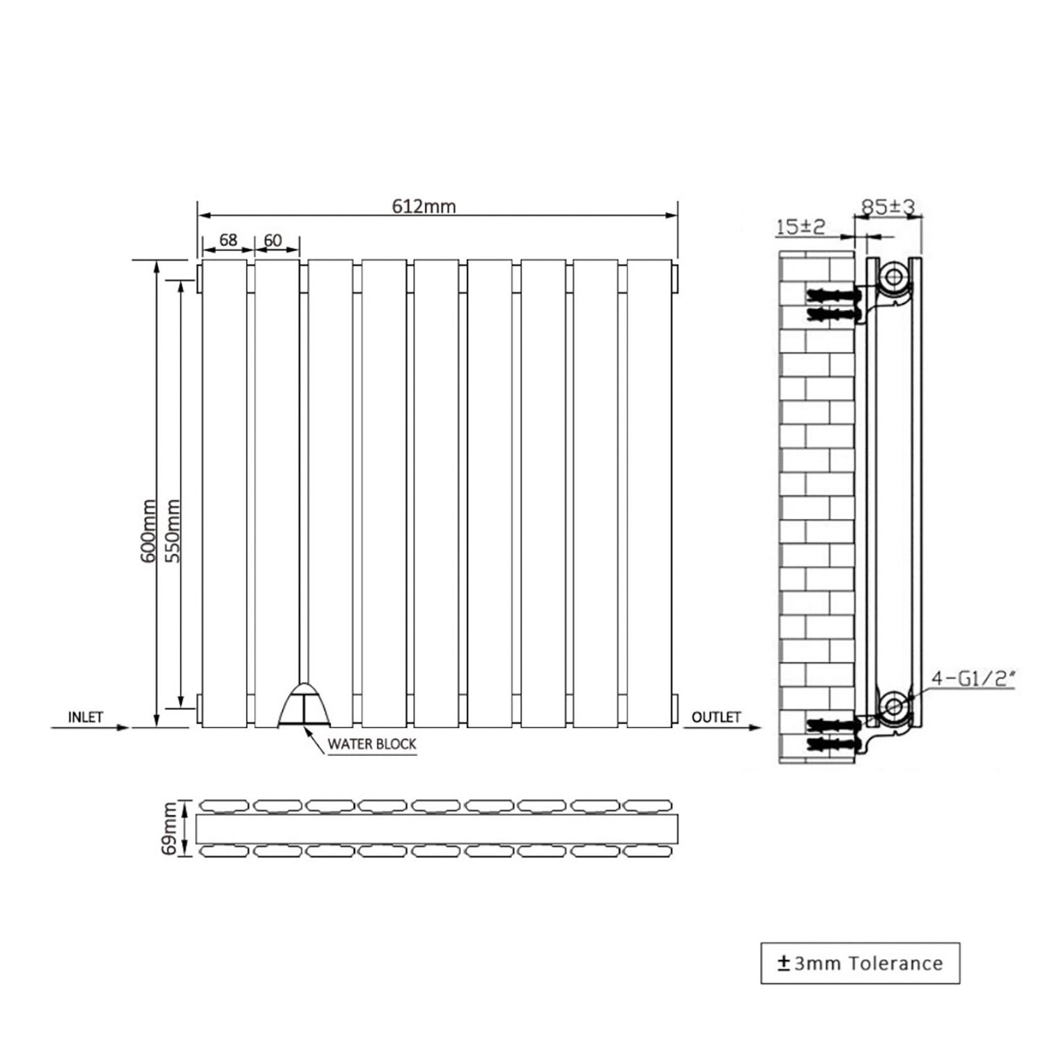 Flat Panel Horizontal Radiator Double Panel Anthracite 600mm Tall