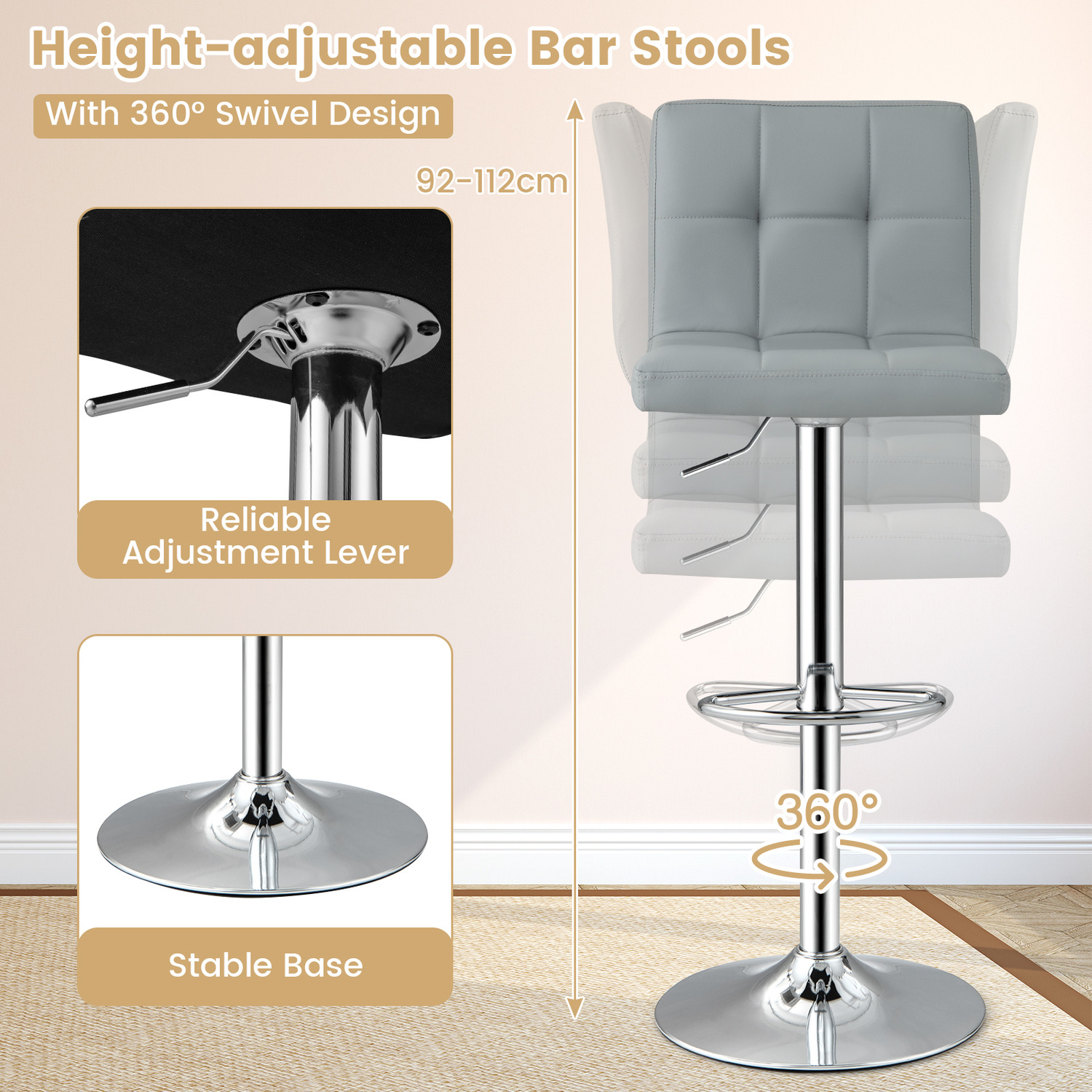 Set Of 2 Bar Stool Pu Leather Counter Height Chair - Grey