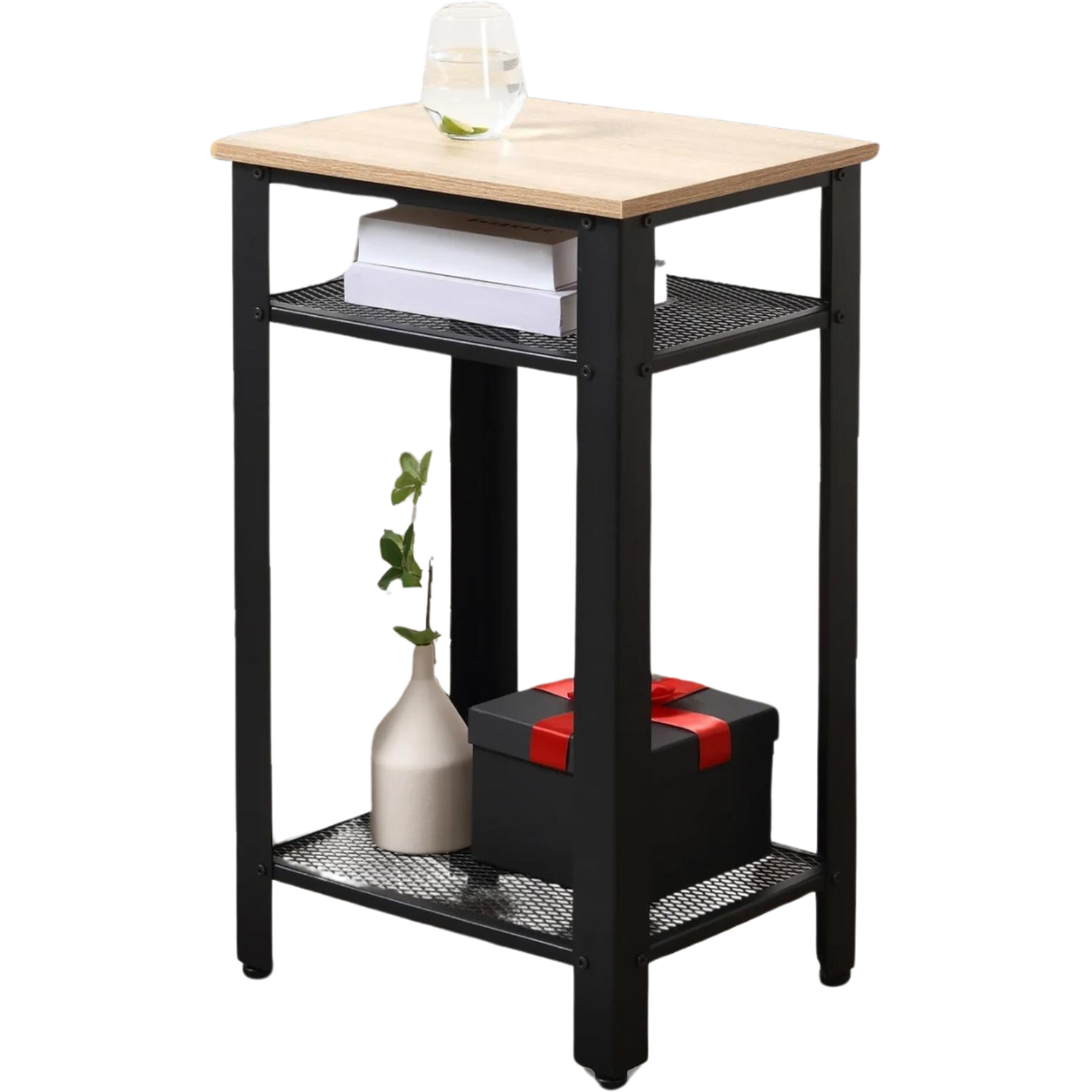 3 Tier Side Table With Mesh Shelves - Natural Brown