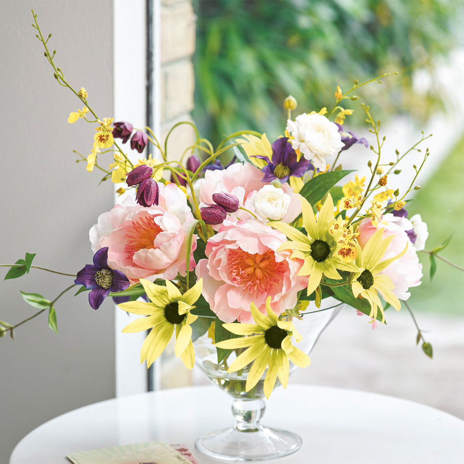 Artificial Wild Sophisticated Flower Stem Arrangement in Footed Glass Vase