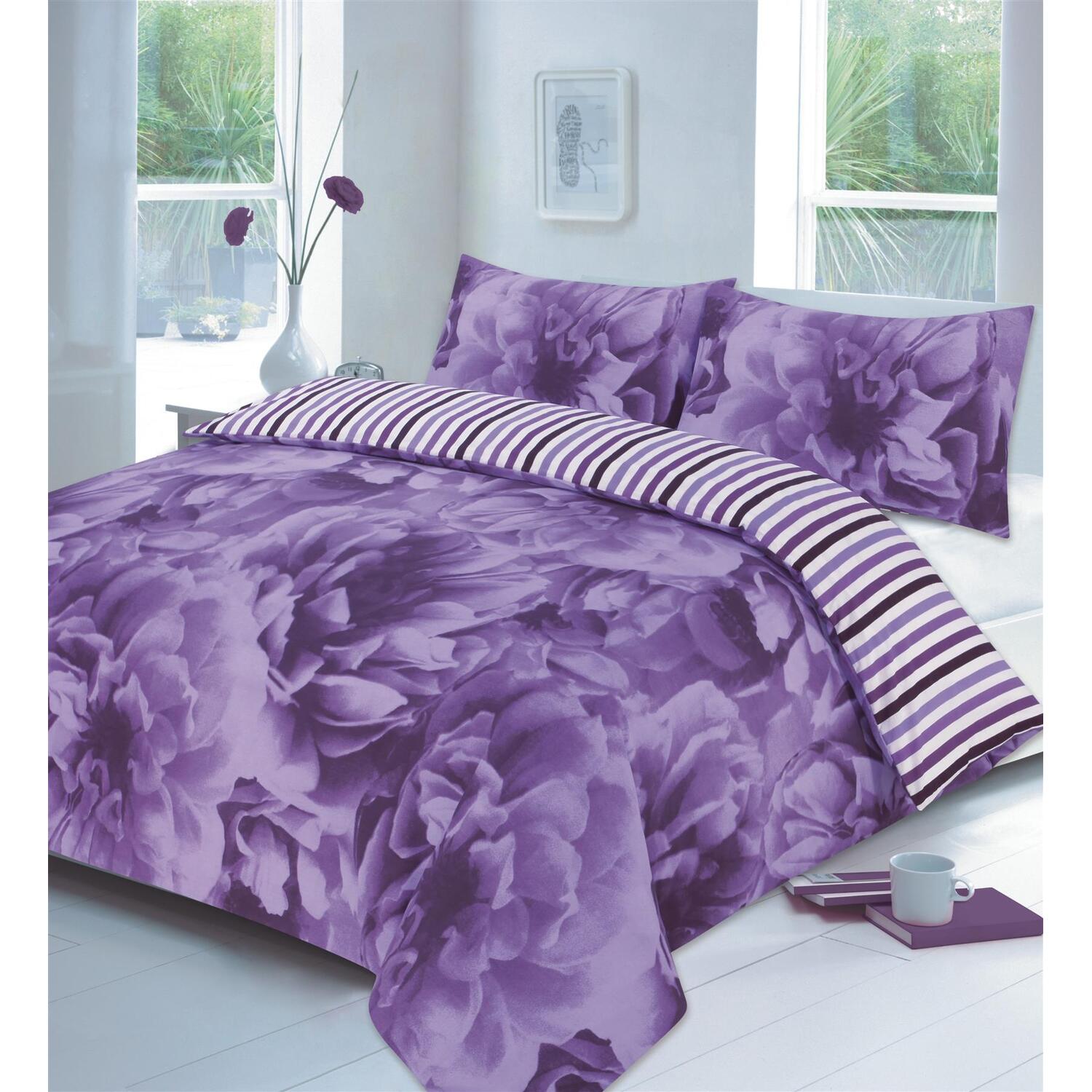 Rose Stripe Duvet Cover Set - Purple Super King