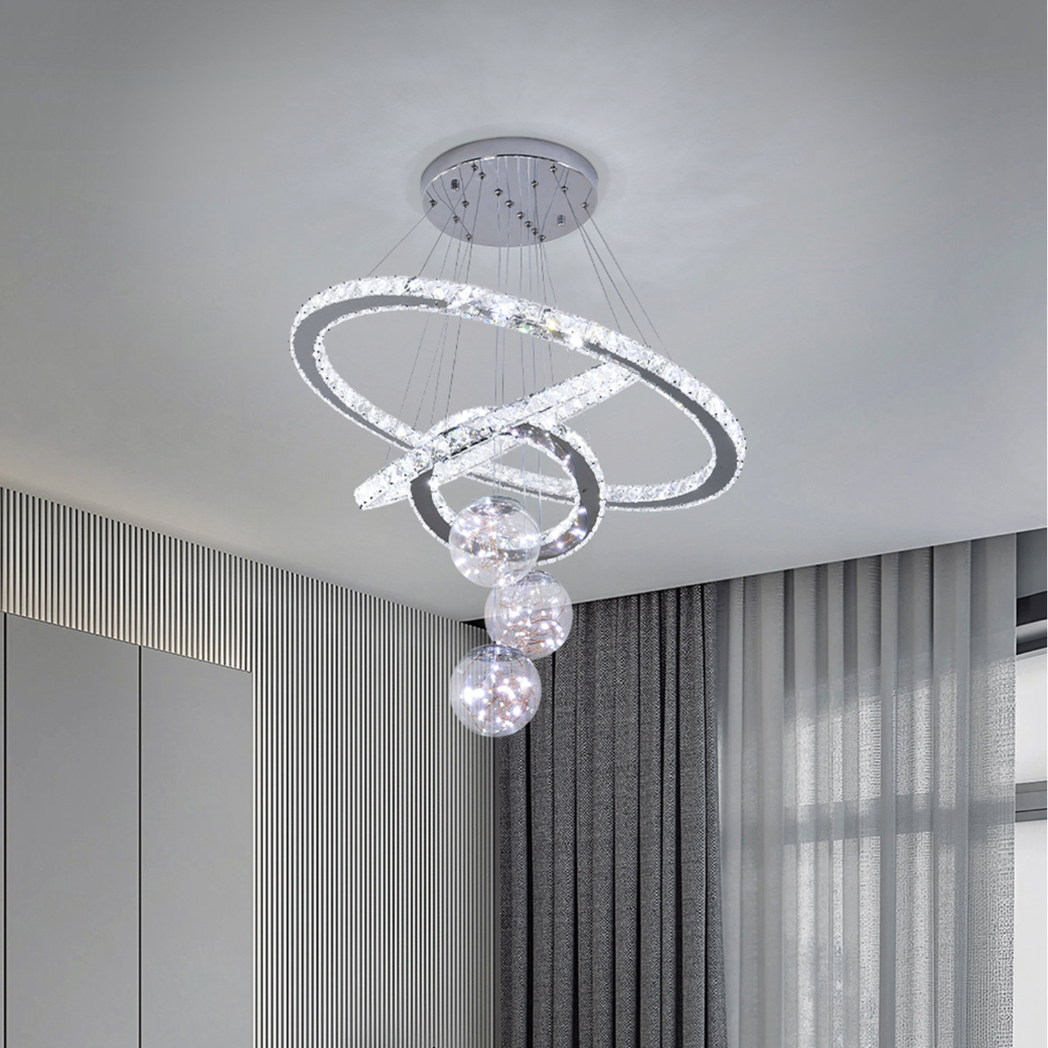 Crystal Triple Ring Led Ceiling Light - Silver