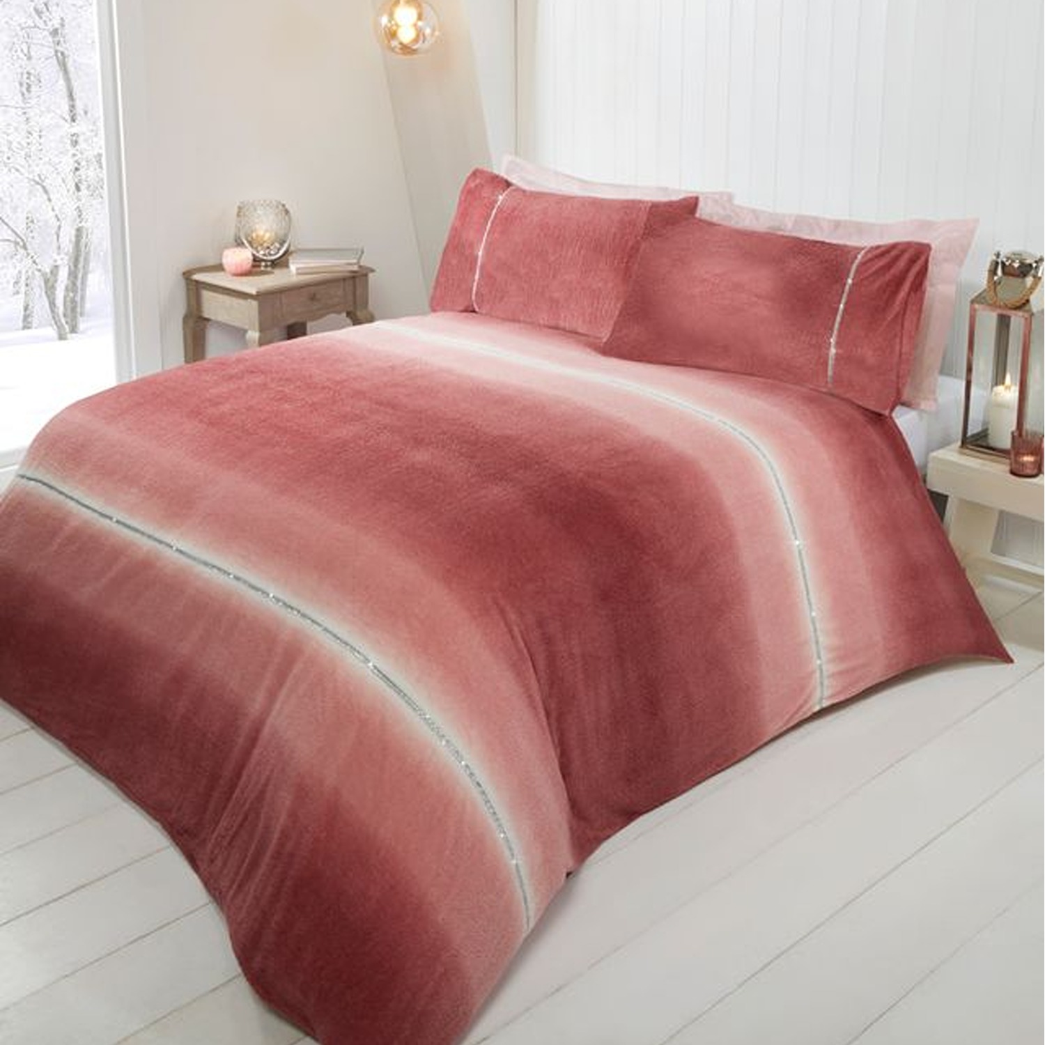 Diamante Teddy Fleece Polyester Duvet Set With Pillowcase - Blush / Single