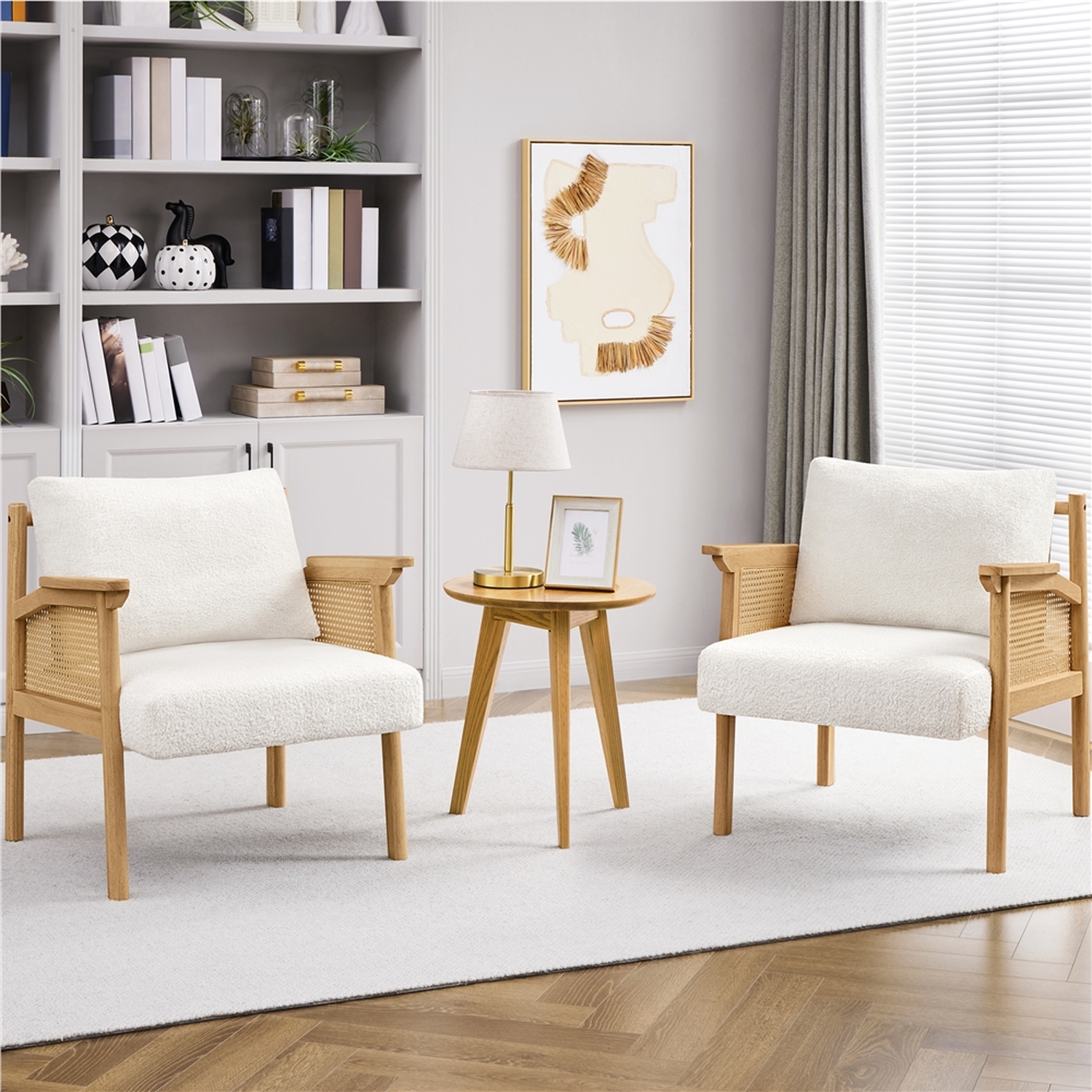 Boucle Upholstered Chair With Rattan Back - White