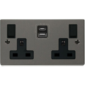 Black Nickel 2 Gang 13A Type A  C USB Twin Double Switched Plug Socket