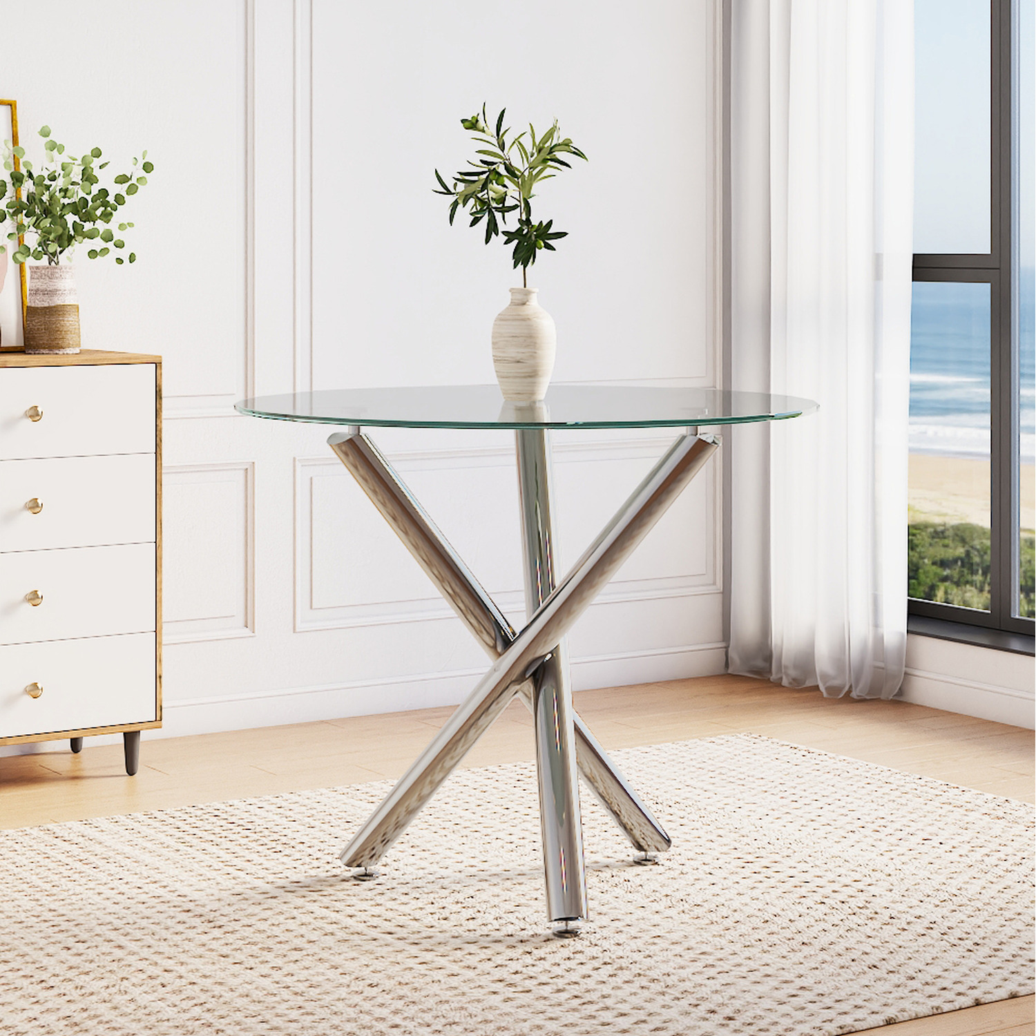 Round Glass Dining Table With Crossed Electroplated Base - Transparent Chrome