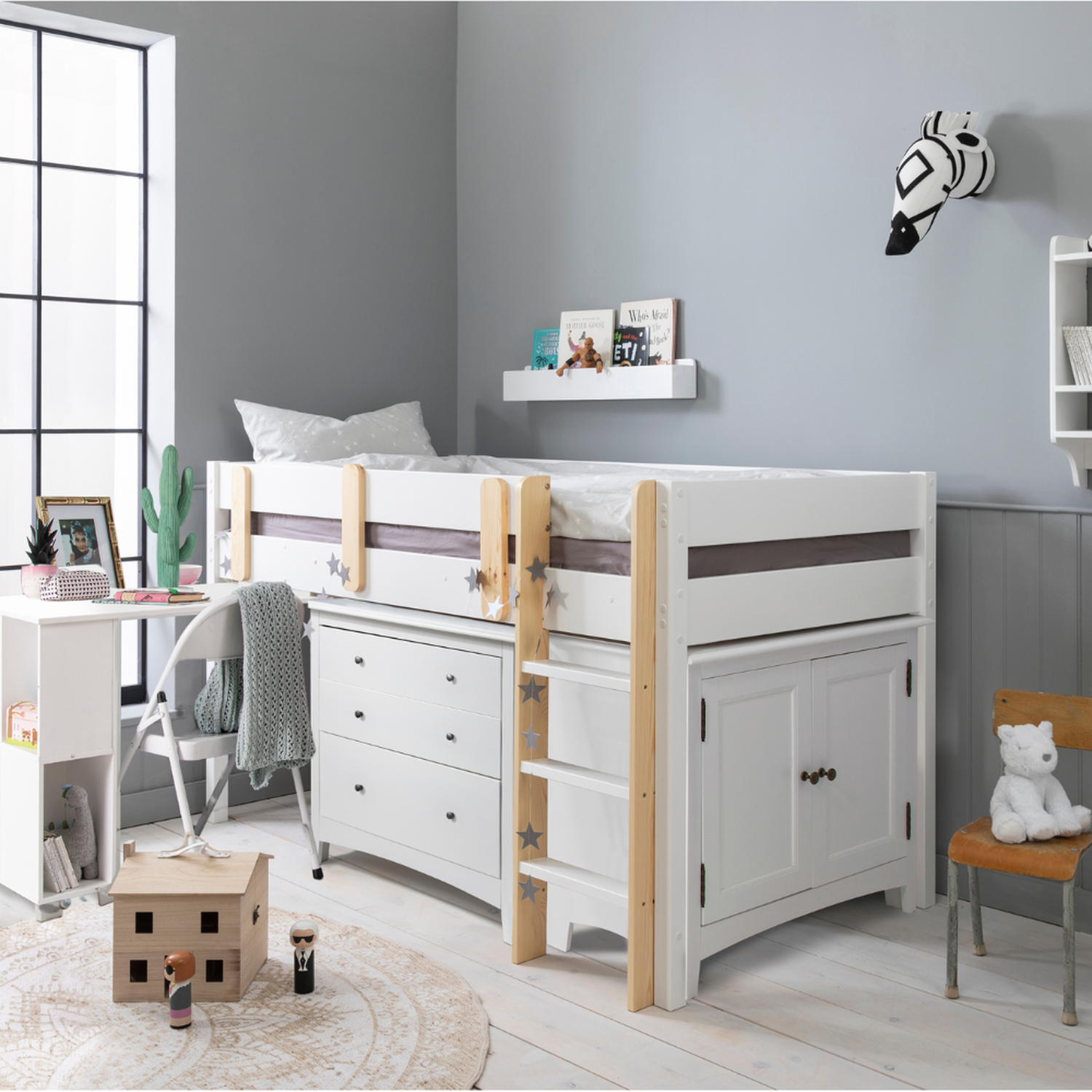 Una Kids Cabin Bed Sleepstation With Chest Of Drawers Cabinet And Desk - White