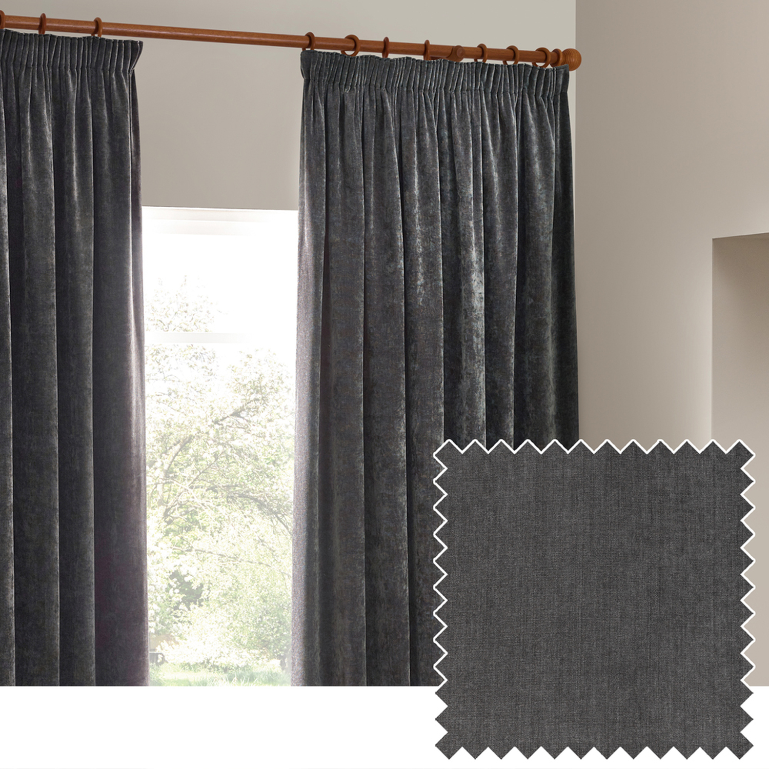 Heavy Chenille Velvet Pencil Pleat Curtains - Charcoal / 137cm / 229cm
