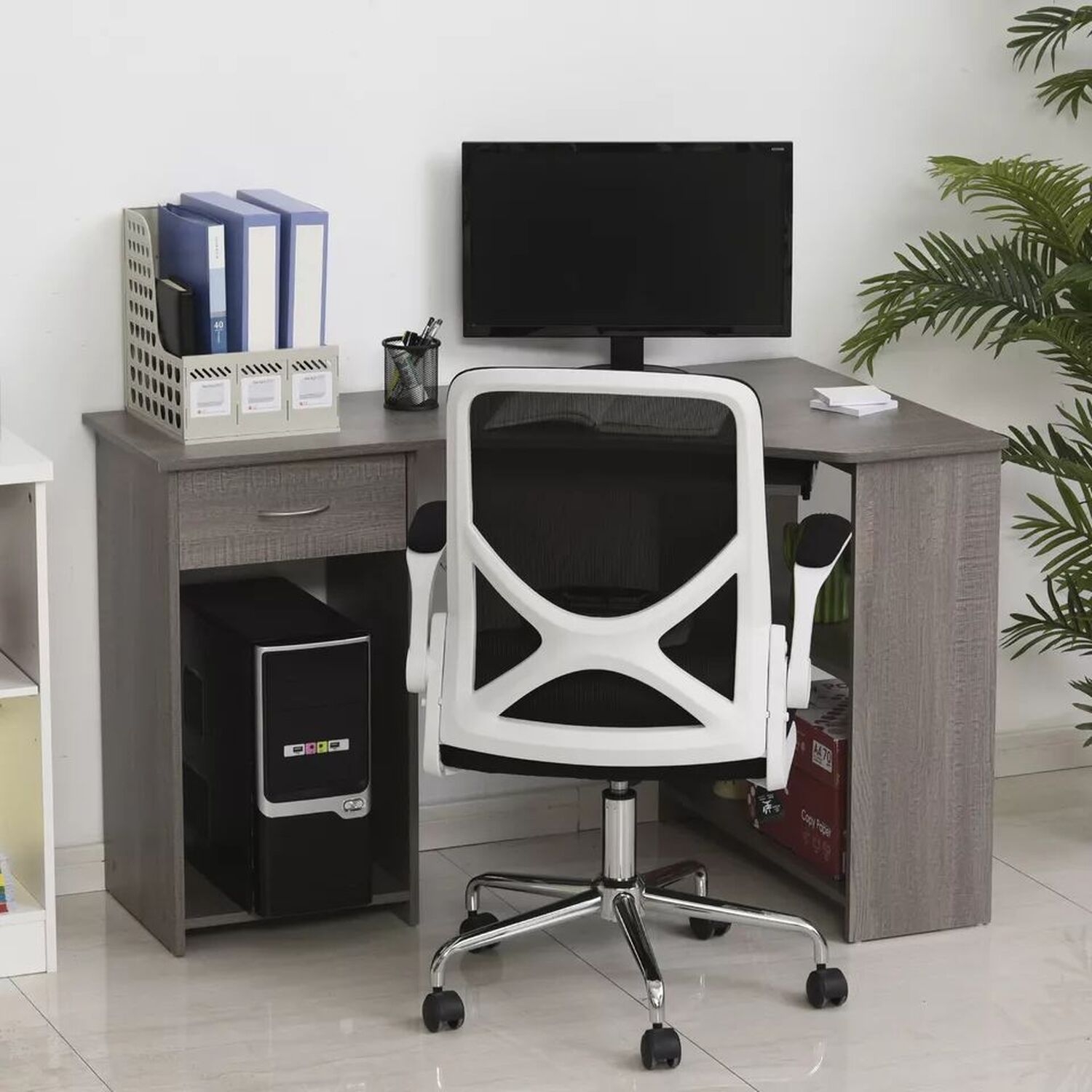 Corner Computer Desk With Drawer And Shelves - Grey