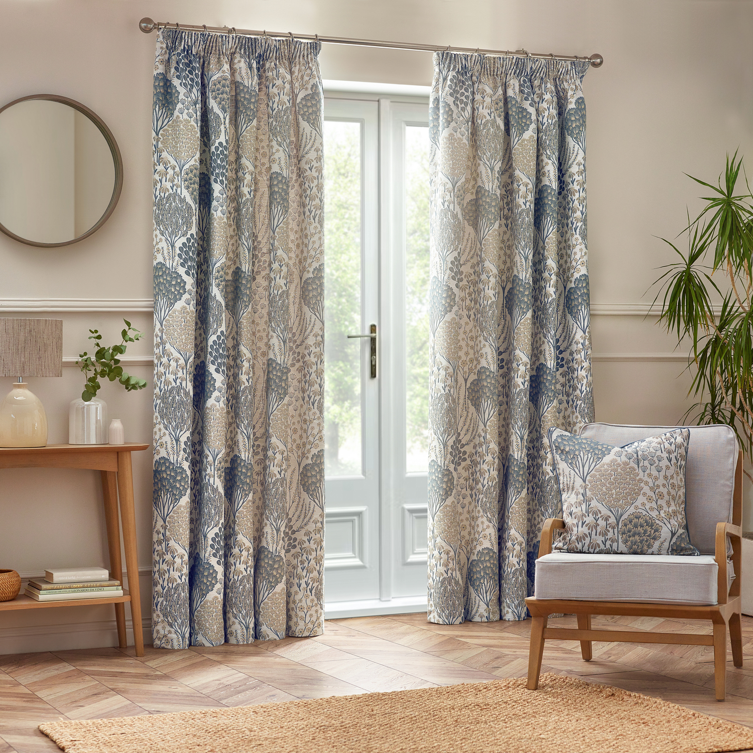 Ophelia Floral Jacquard Pencil Pleat Curtains - Wedgewood / 117cm / 183cm