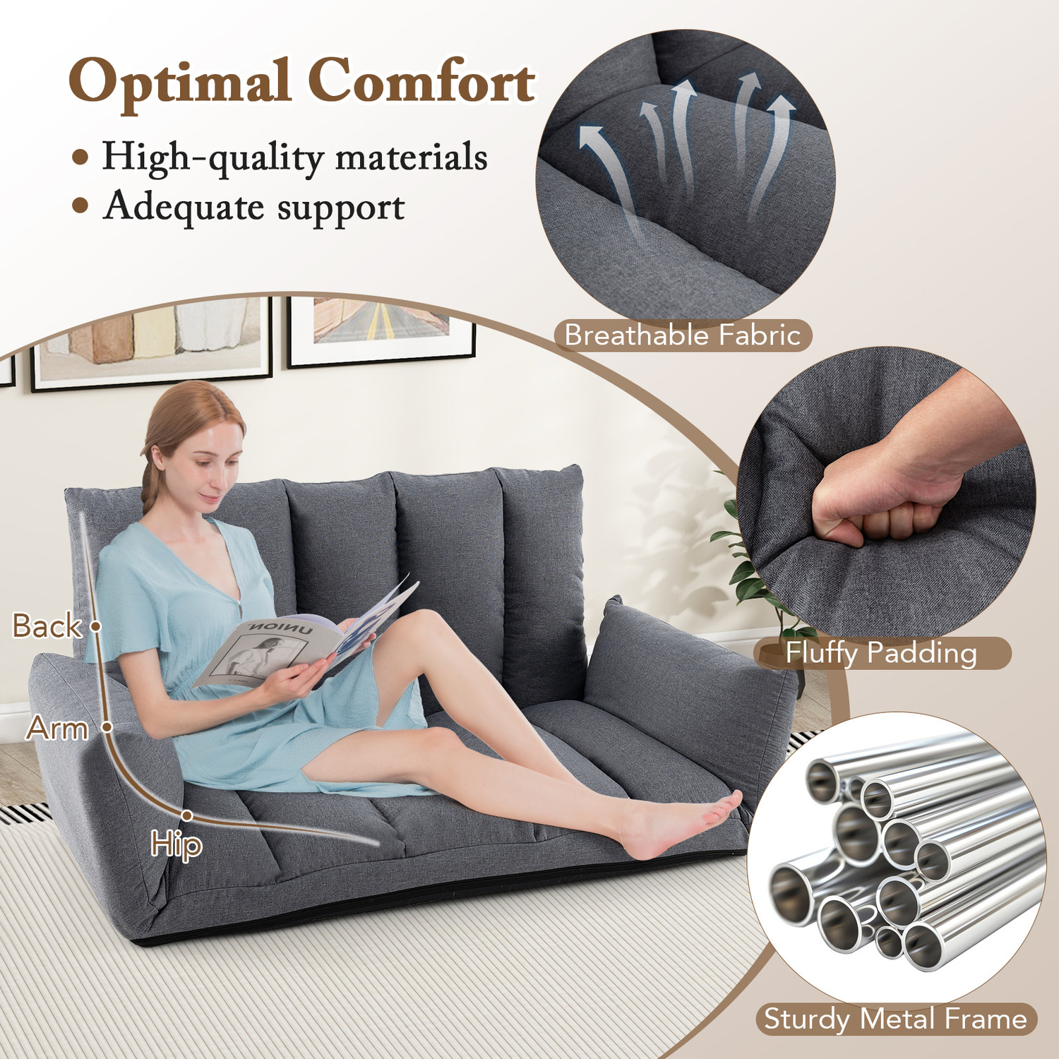 Foldable Floor Sofa Upholstered Recliner Chair - Grey