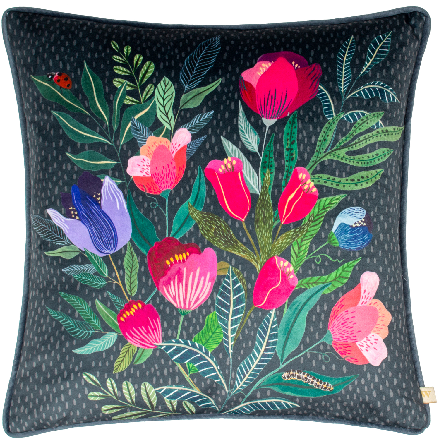 Wild Garden Posies Velvet Piped Cushion - Multicolour / Feather