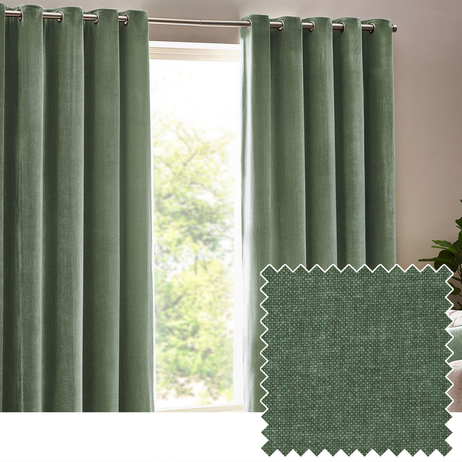 Heavy Chenille Velvet Eyelet Curtains - Eucalyptus / 117cm / 137cm