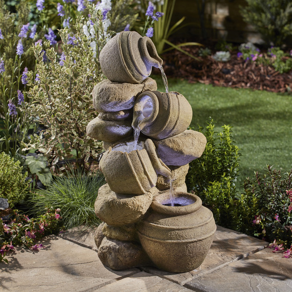 Cascading Tipping Pots Stone Wall Water Feature with LED Lighting