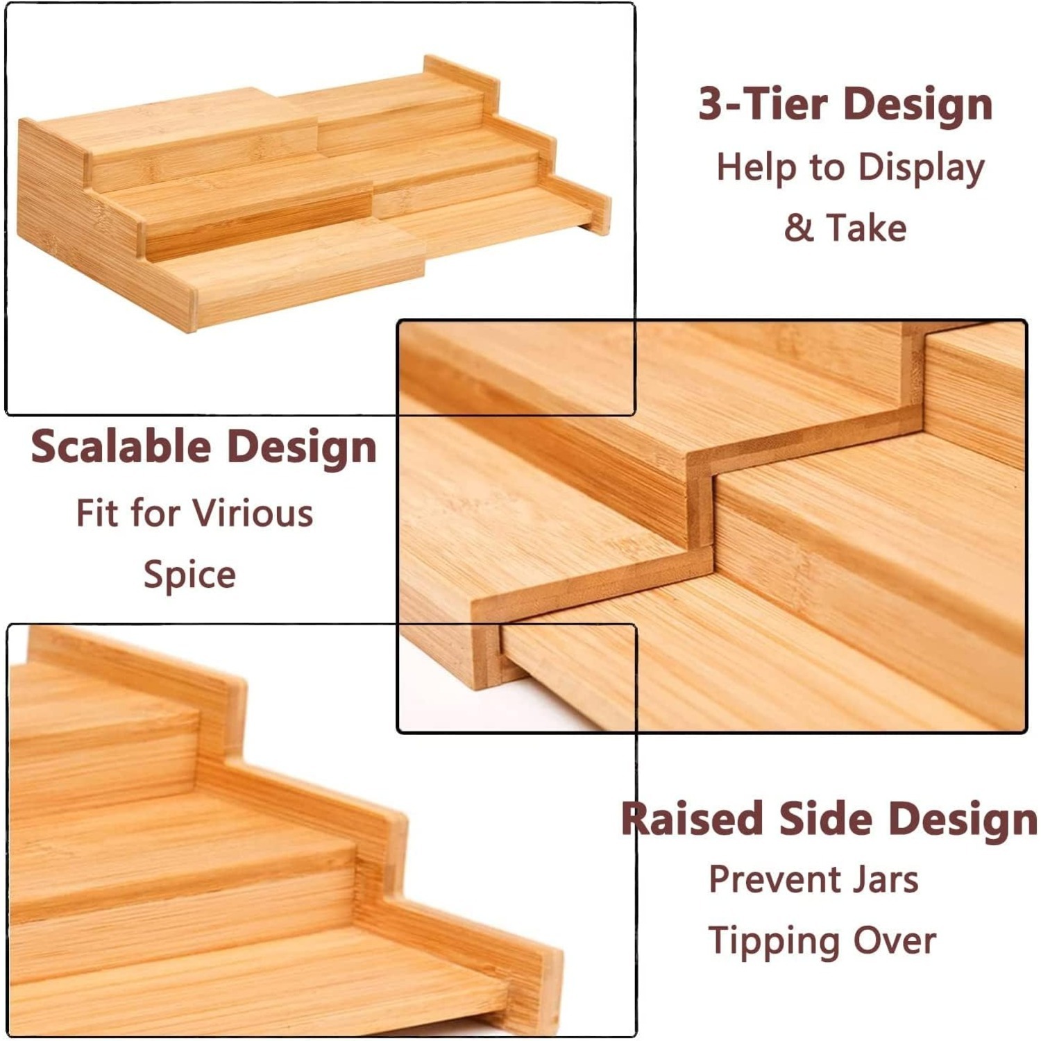 Expandable Bamboo Spice Rack 3 Tier - Brown