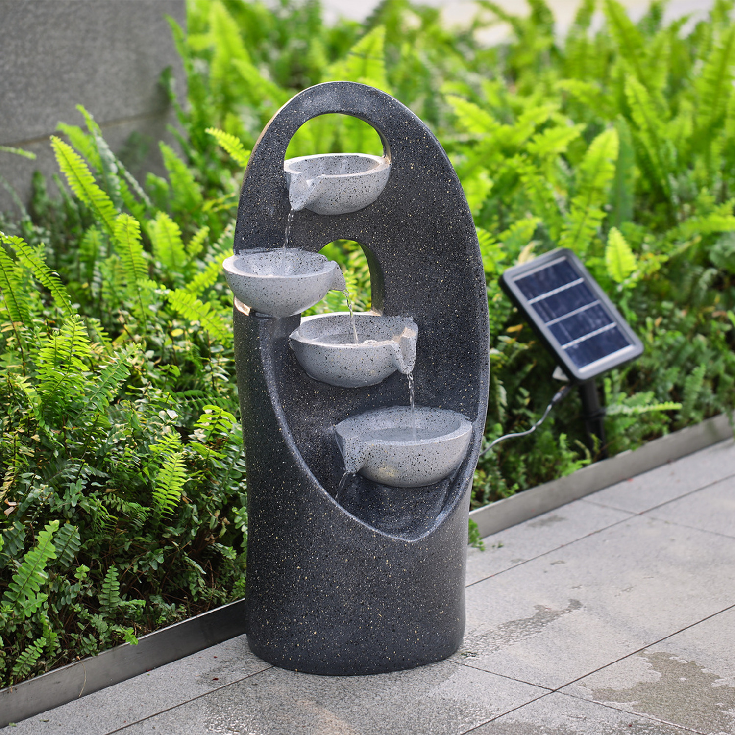 Livingandhome Solar-Powered 4-Tier Stone Bowl Water Feature With Led Lights - Grey