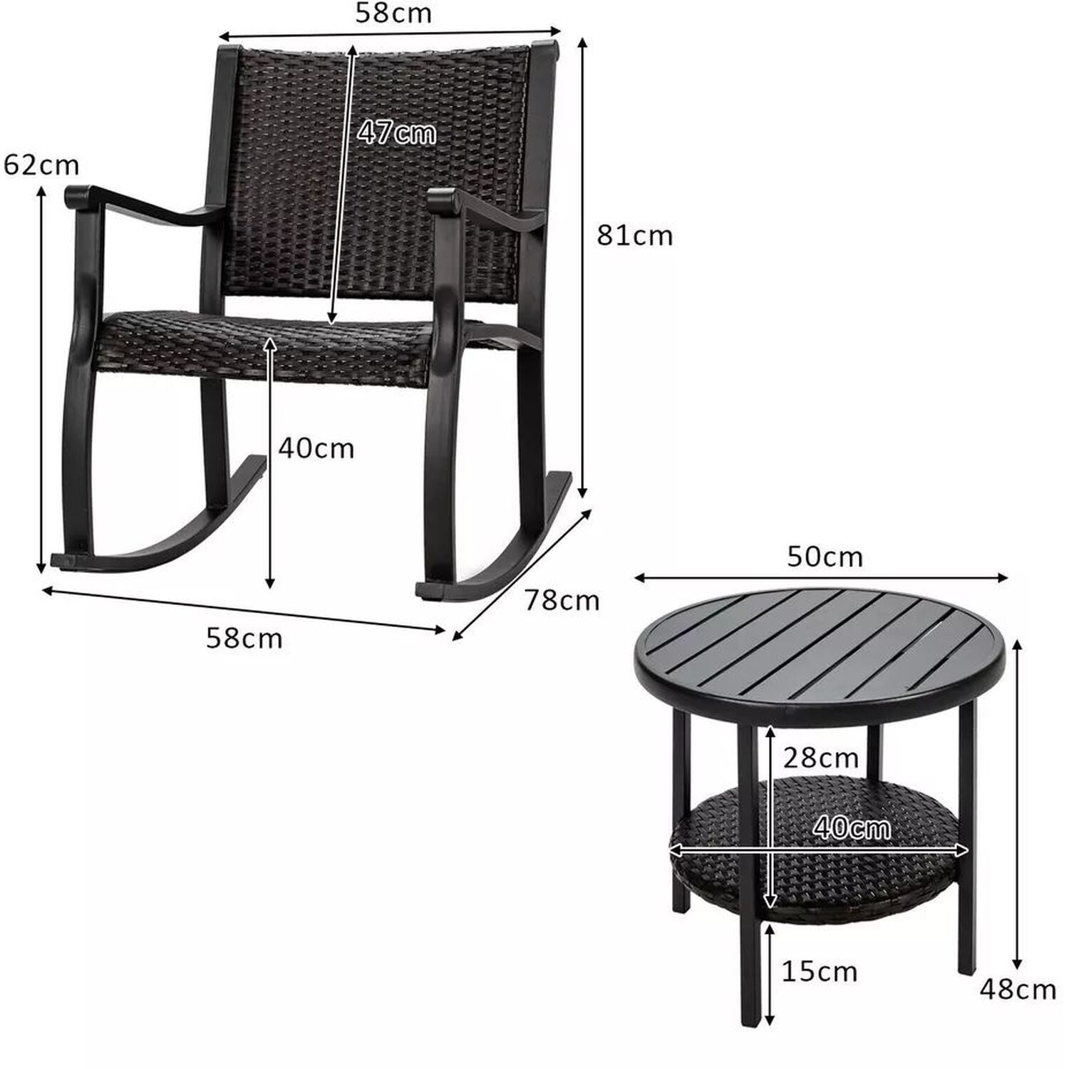 Rocking Bistro Set Outdoor Wicker Furniture Tempered Glass Coffee Table - Brown