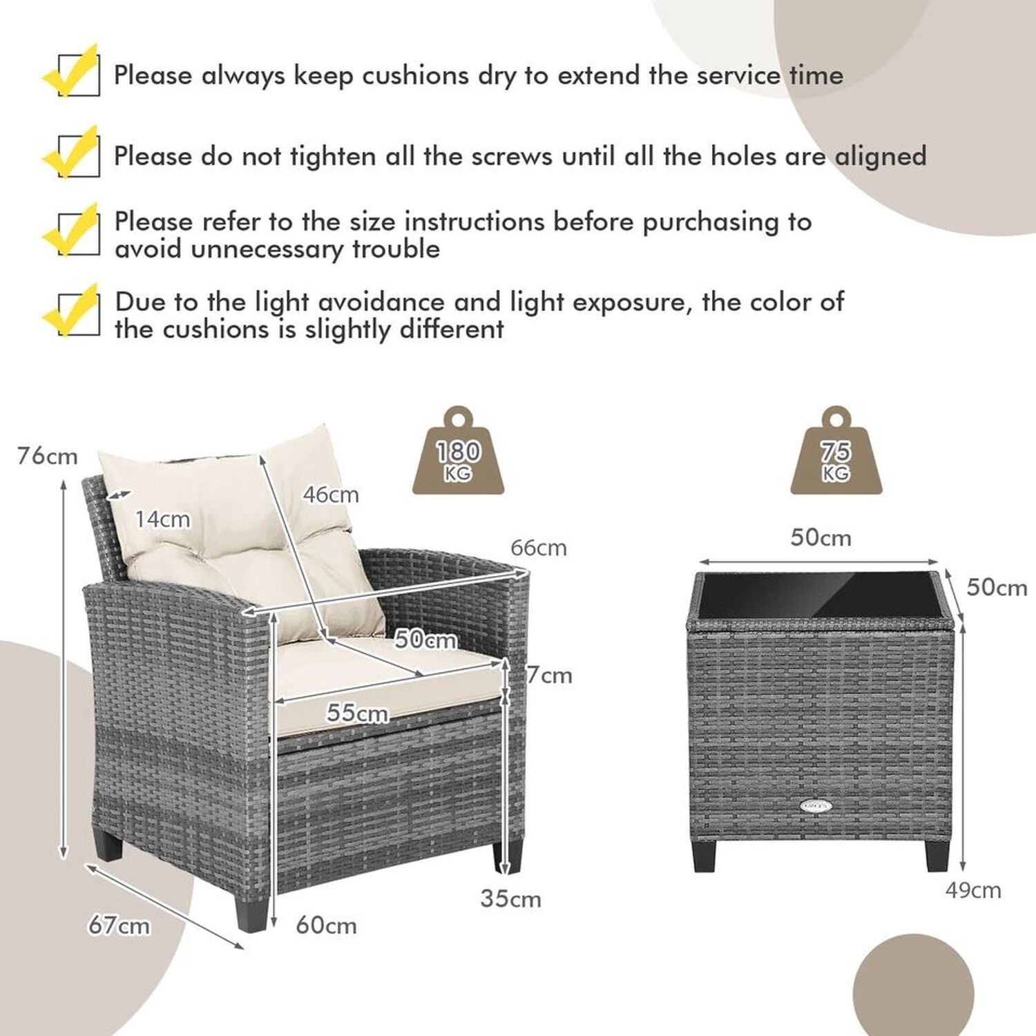 3 Piece Patio Rattan Chair And Table Set Outdoor Wicker Bistro - White