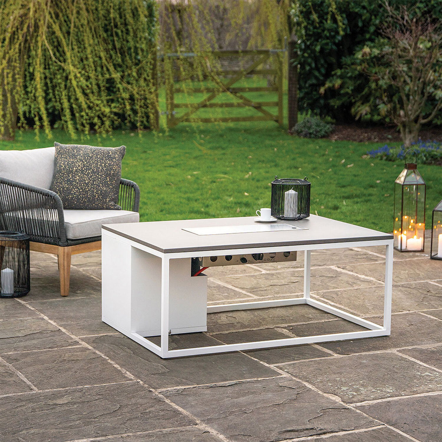 Cosiloft 120 White And Grey Garden Fire Pit Table Outdoor With Glass Fire Guard - Grey