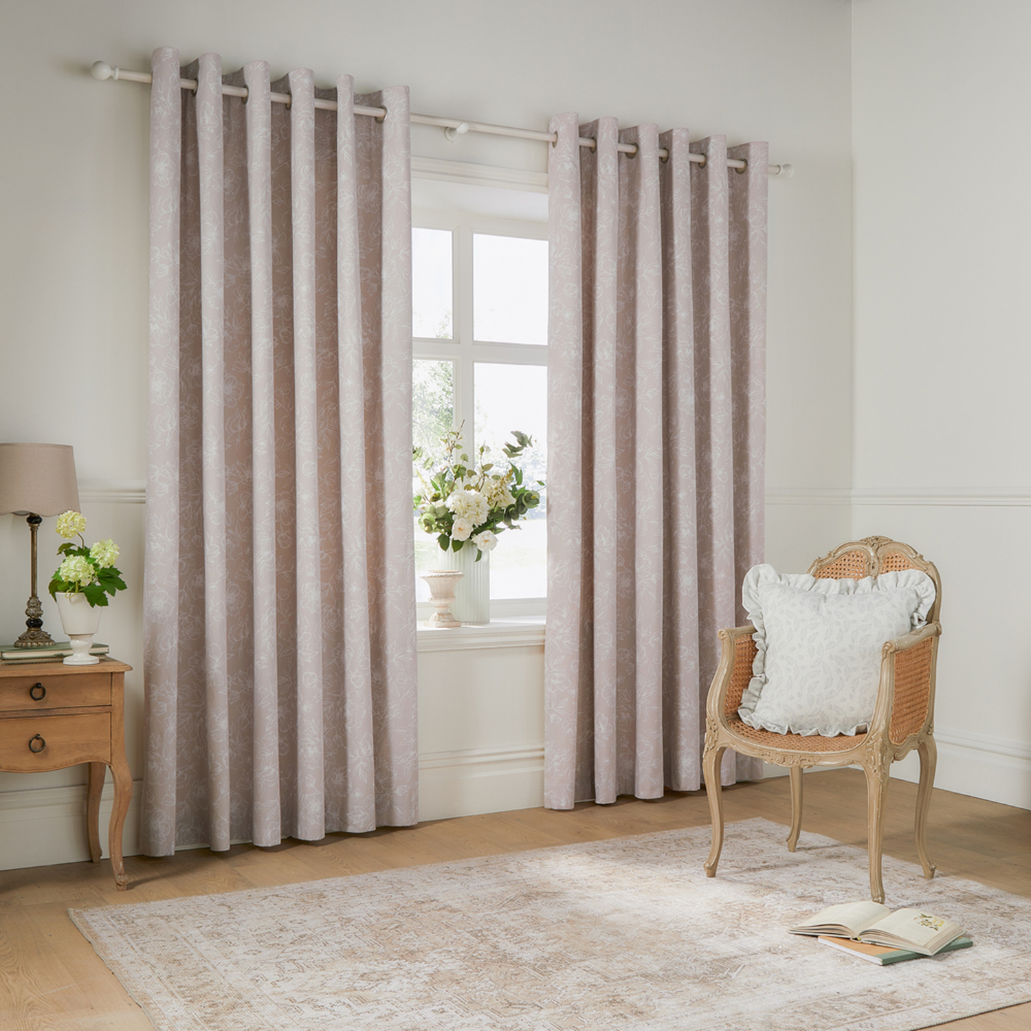 Bella Floral Eyelet Curtain Pair - Natural / 229cm