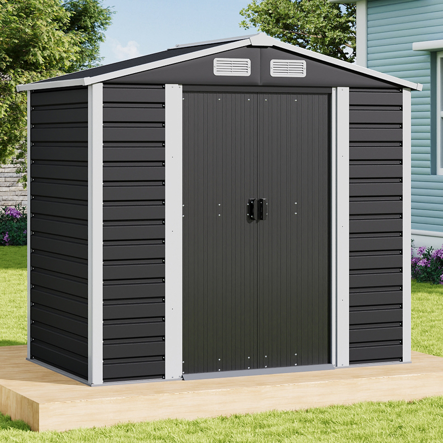 Lifeideas Apex Roof Metal Garden Shed 4*7FT - Charcoal Black