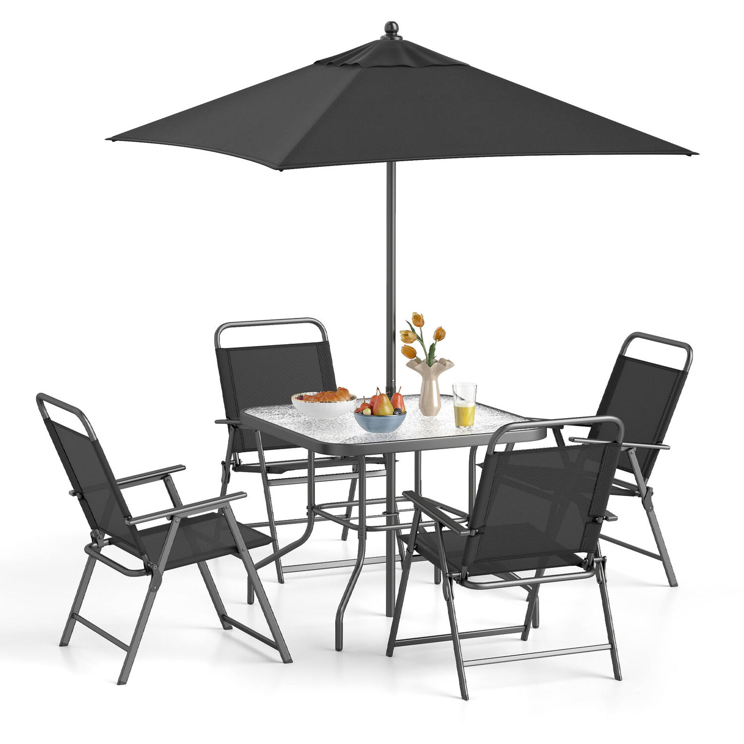 6 Pieces Outdoor Dining Set With Umbrella - Black