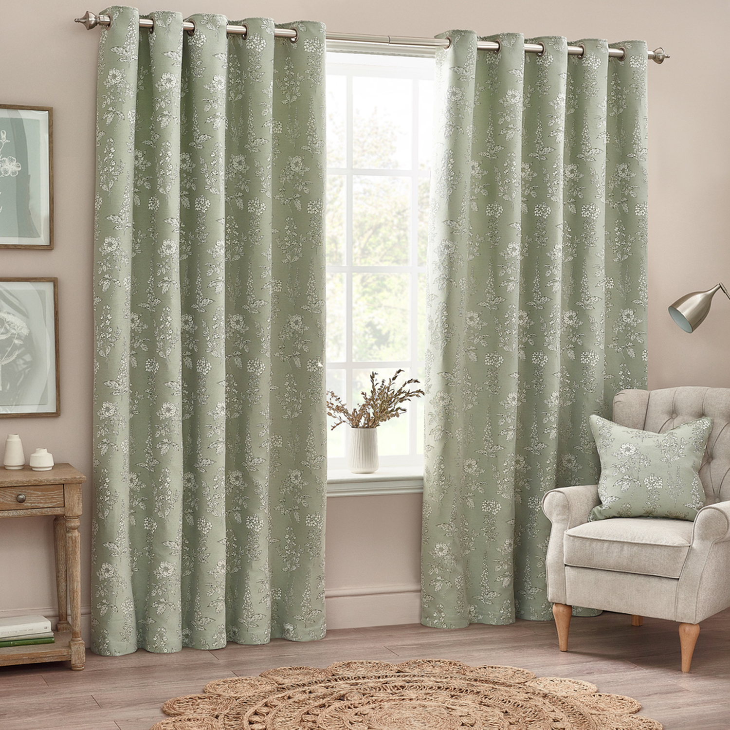 Set of 2 Sophia Jacquard Floral Eyelet Curtains - Sage / 168cm / 229cm