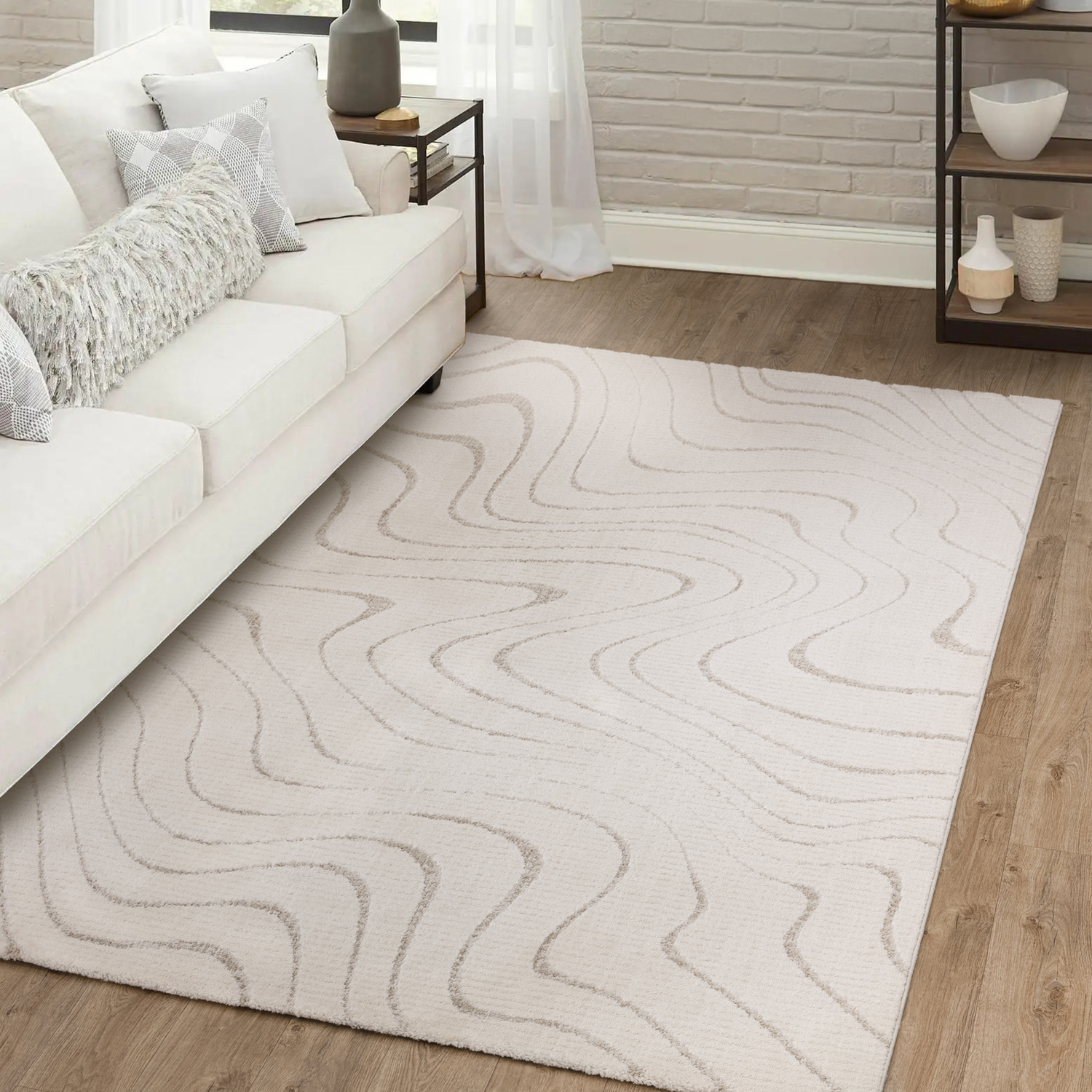 Axel Geometric Ripple Neutral Living Area Rug - Ivory / 230cm