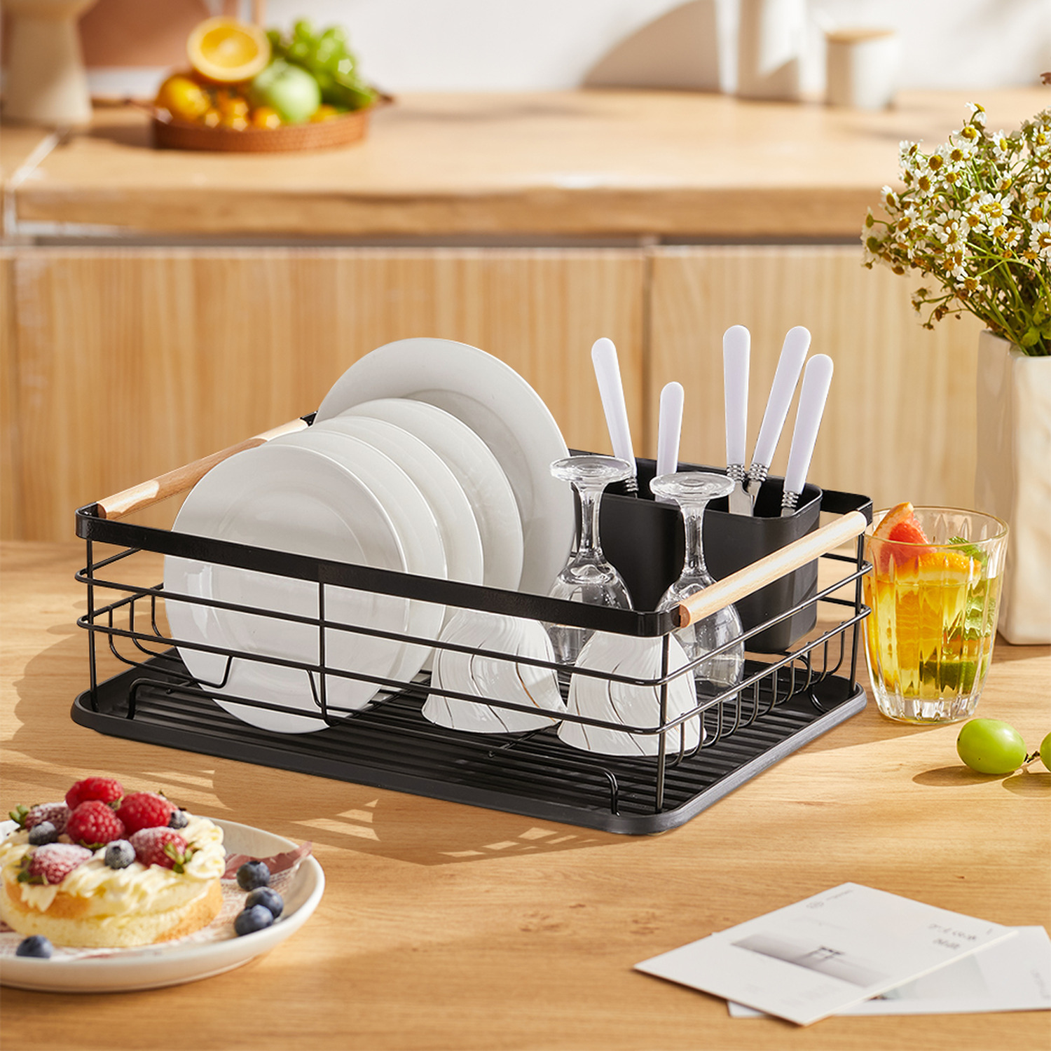 Detachable Iron Dish Drainer with Wooden Handle - Black