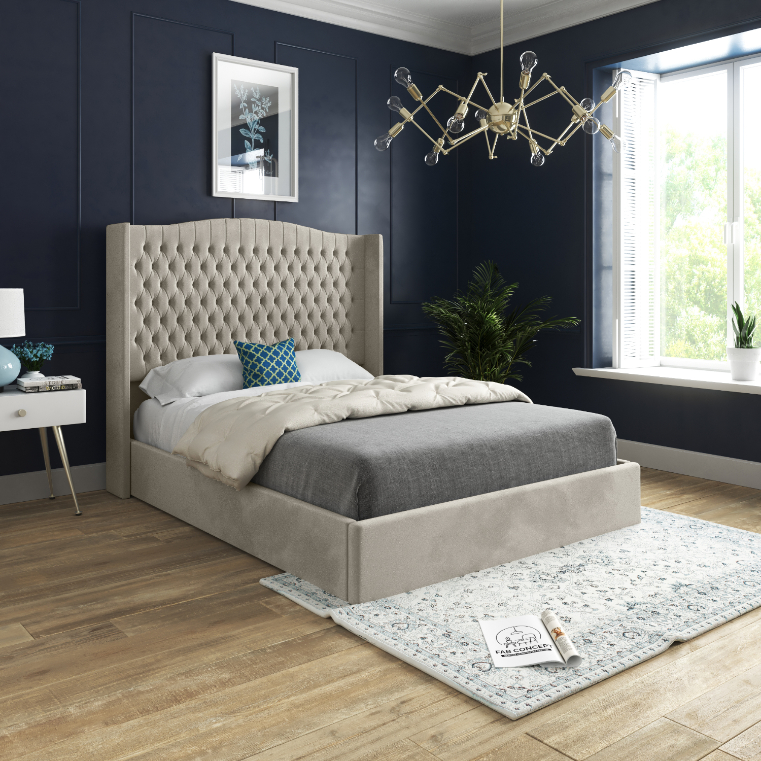 Snuggler Curved Top Winged Soft Velvet Upholstered Bed Frame - Cream Superking