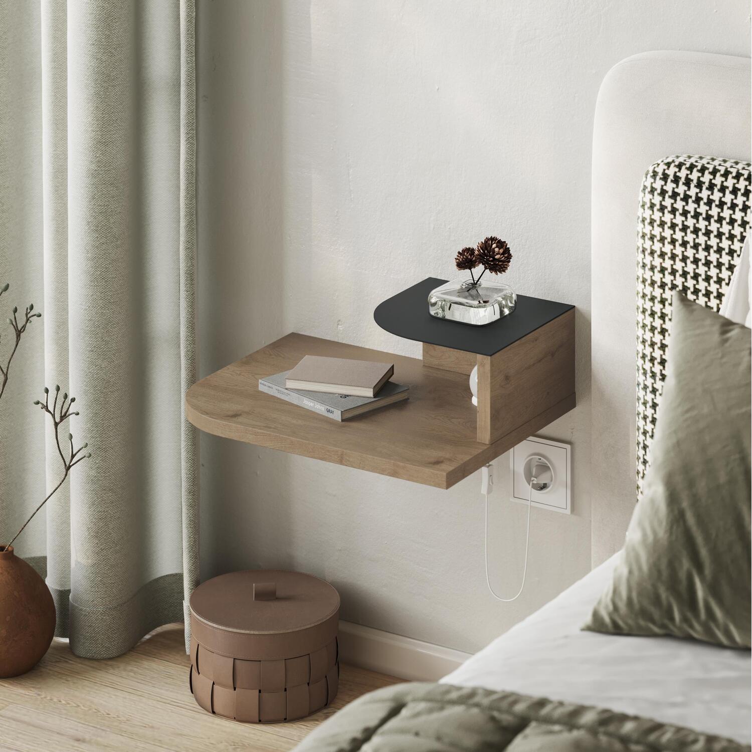 Floating Bedside Table with Drawer LED Wall-Mount Nightstand Sandstone - Natural Oak