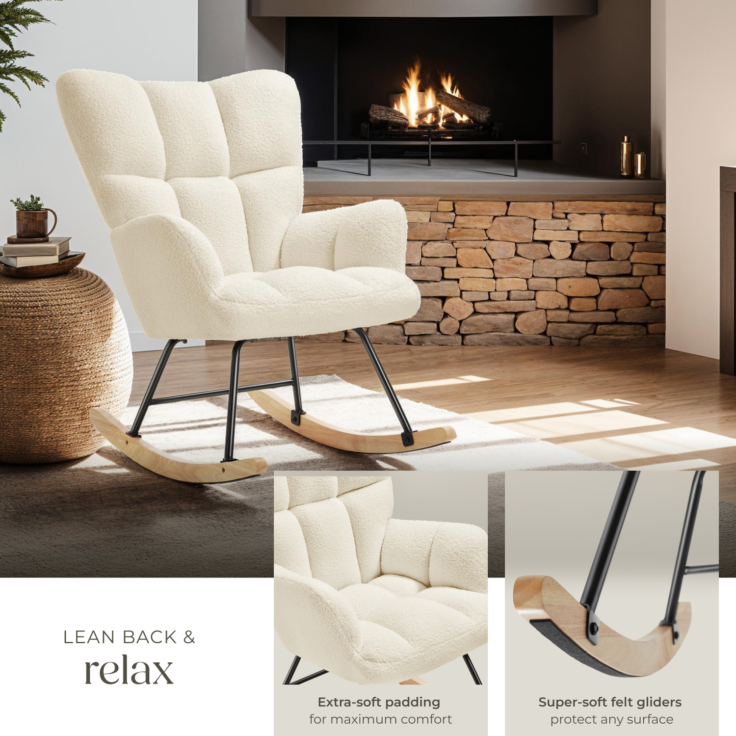 Rocking Chair Torve Boucle Plush Padding Wooden Runners - Beige Boucle