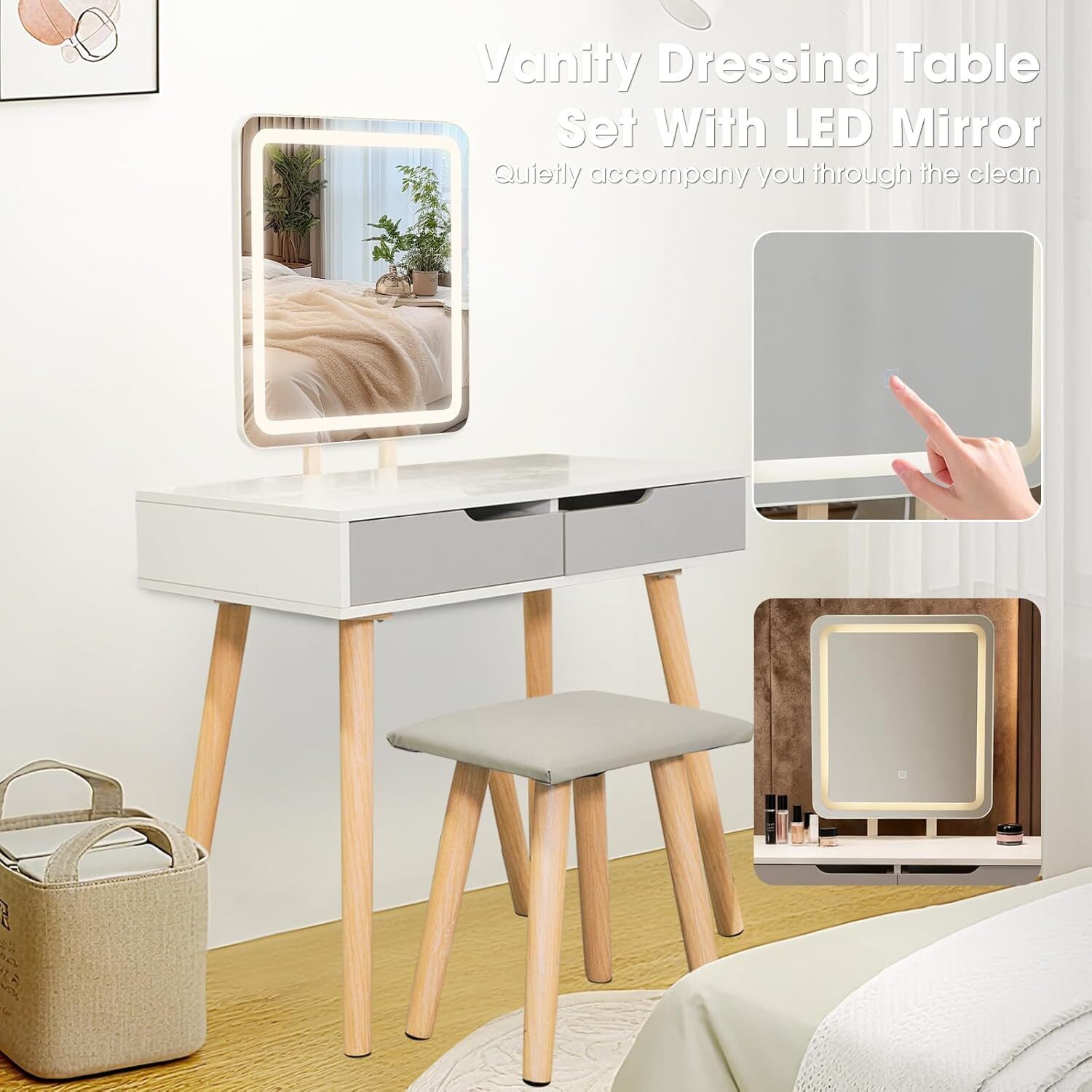 Vanity Dressing Table Set With Rectangle Led Light Mirror Grey - Grey