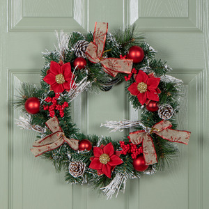 Christmas Red Dressed Festive Wreath with Baubles and Pinecones