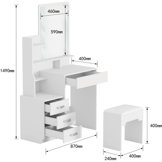 Arlo White Dressing Table with 3 Drawer Unit, Mirror and Stool