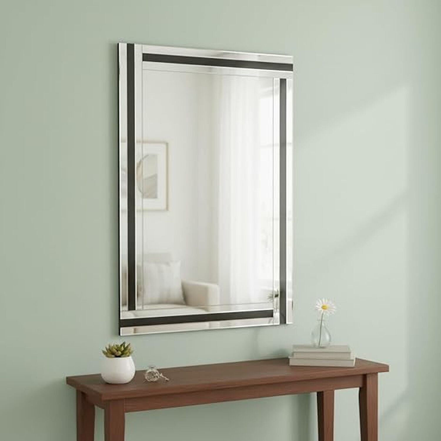 Triple Stripes Wall Mirror Glass Black - Silver 90x60cm - Black And Silver