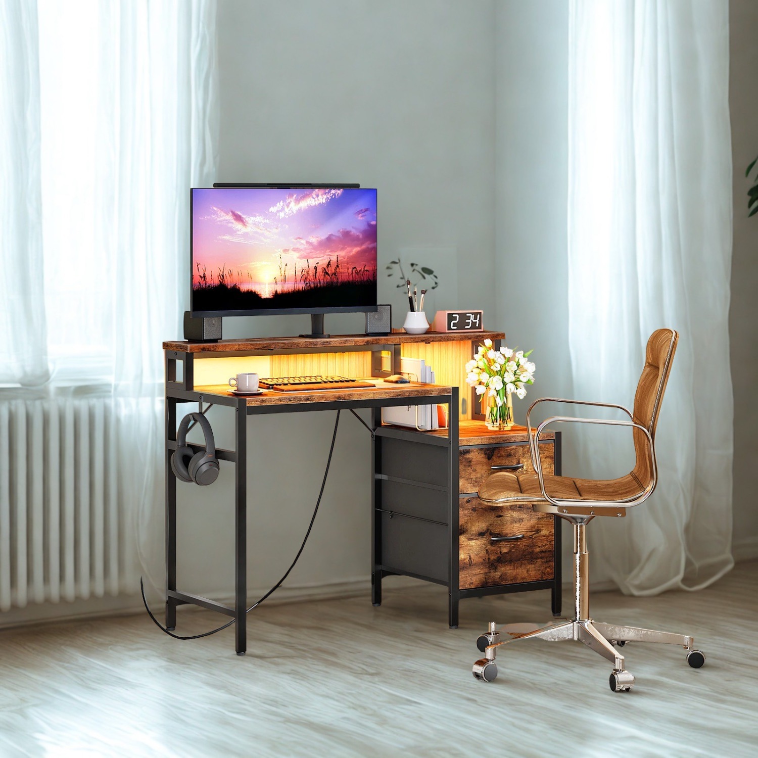 Computer Shop Desk Industrial Computer Desk With Drawers, USB Outlets and LED Lights